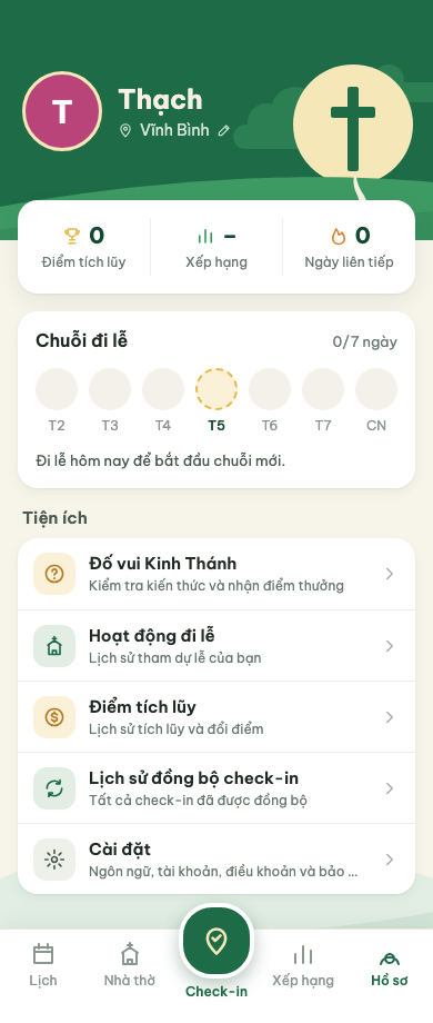 Màn hình Hồ sơ trong ứng dụng Bước Theo Chân Chúa