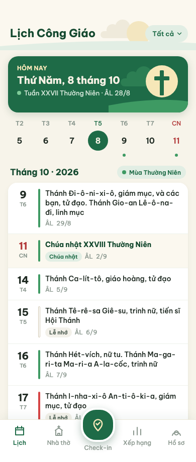 Màn hình Lịch Công Giáo trong ứng dụng Bước Theo Chân Chúa