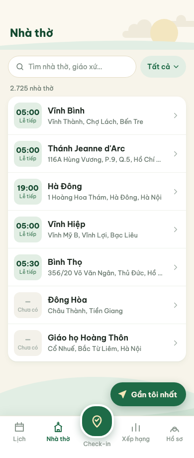 Màn hình Nhà thờ trong ứng dụng Bước Theo Chân Chúa
